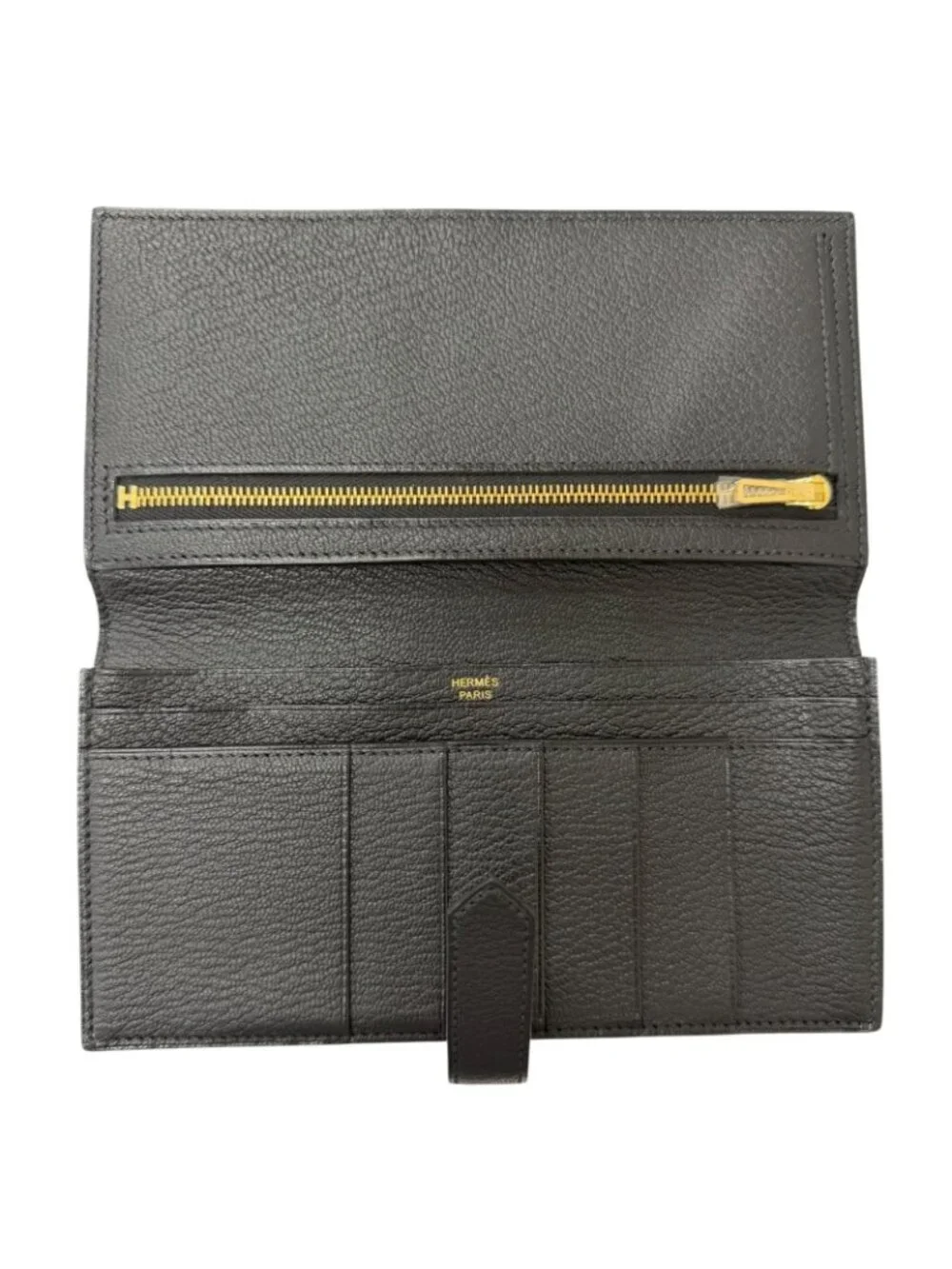 Hermes Bearn Souffle Chevre Logo Gold Wallet Leather Black